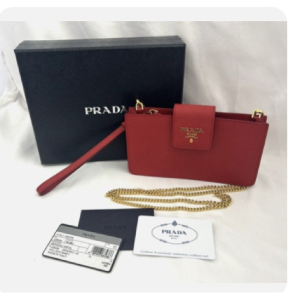 Authentic Prada Saffiano Red Leather Chain Bag/Wristlet-NWT